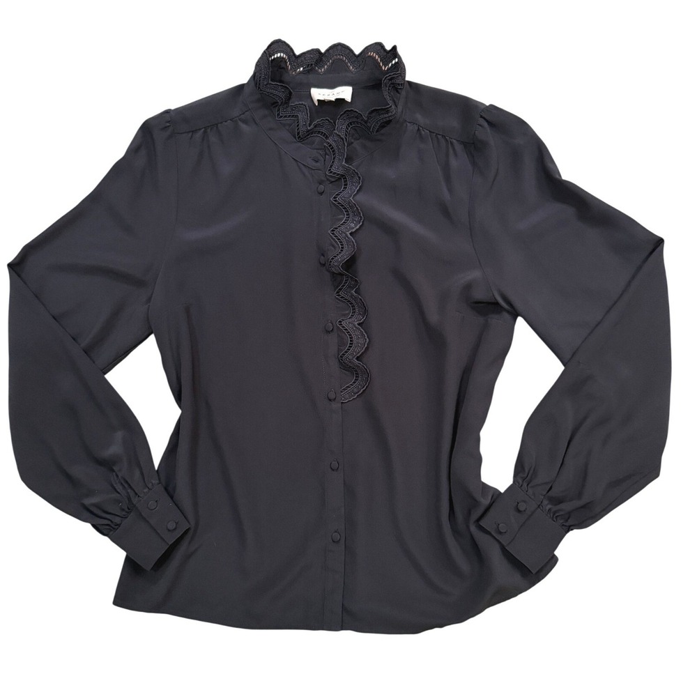 Sezane Chlo Shirt Black Lace Ruffle Collar Button Front Blouse French Girl 8 - Picture 11 of 13